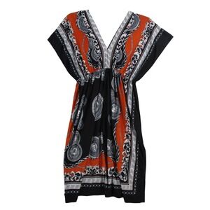 Womens Medallion Chain Print Kaftan Dress Orange Black Greek Key XL XXL